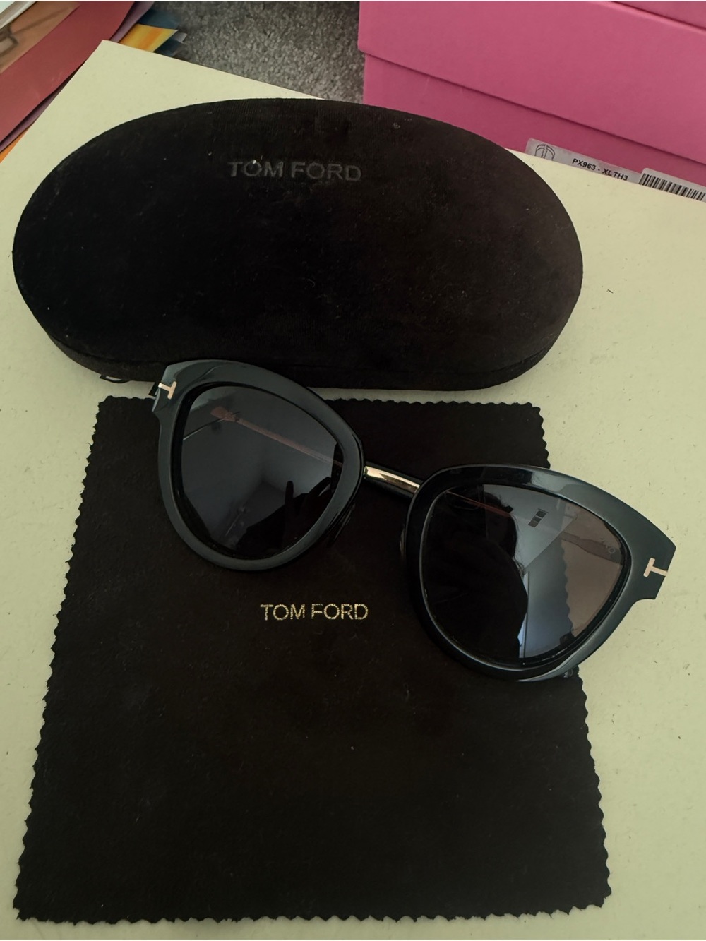 Vintage Tom Ford Black Frame Sunglasses with brown Lenses and Gold Accents